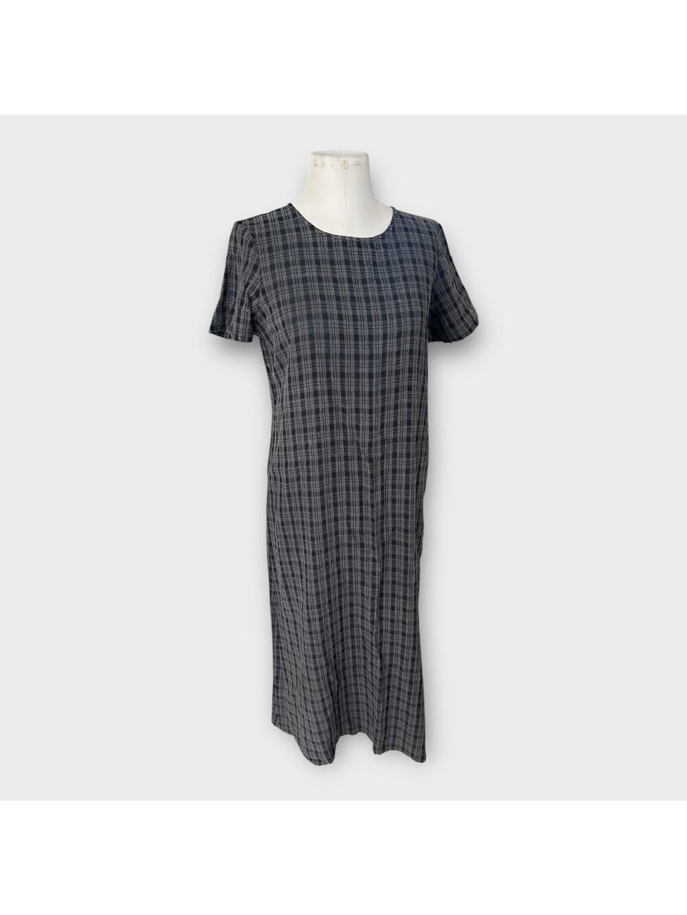 Eileen Fisher Plaid Linen Blend Midi Shift Dress Women's Medium Petite Minimal